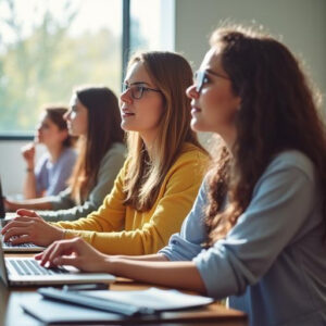 A group of teachers attentively looking toward the board, smiling and engaged in the discussion. Their expressions reflect curiosity, collaboration, and genuine interest in the topic being presented. Picture generated by AI (Canva).