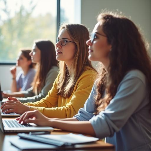 A group of teachers attentively looking toward the board, smiling and engaged in the discussion. Their expressions reflect curiosity, collaboration, and genuine interest in the topic being presented. Picture generated by AI (Canva).