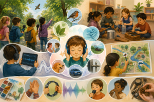 In the middle child with headphones. Around them, illustrations show children engaged in different activities: recording bird sounds, playing instruments, drawing a sound map, and listening to the recordings.