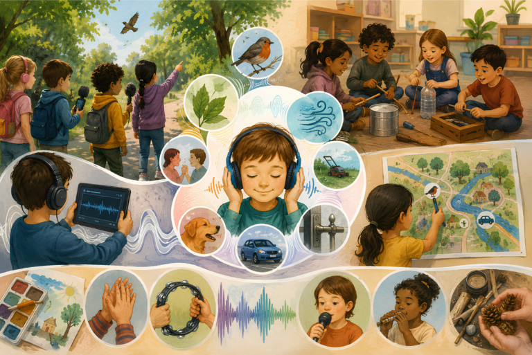 In the middle child with headphones. Around them, illustrations show children engaged in different activities: recording bird sounds, playing instruments, drawing a sound map, and listening to the recordings.